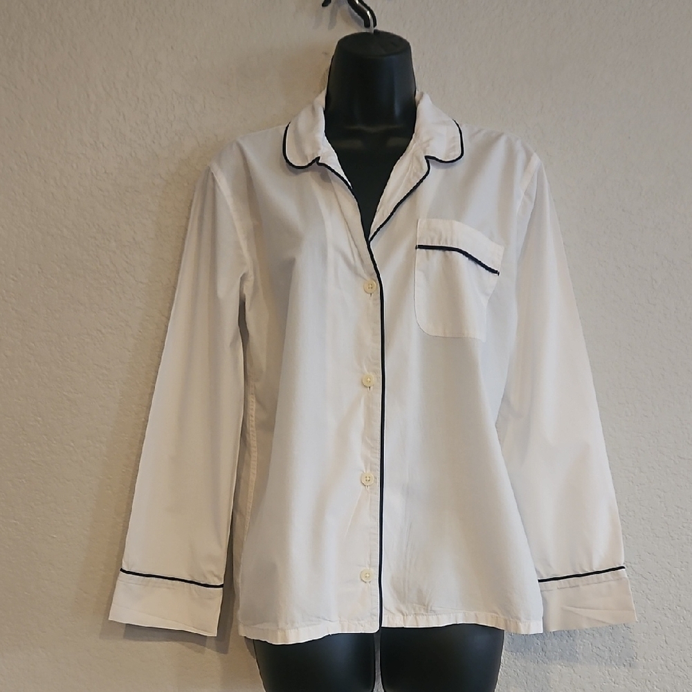 J. Crew | Women's White Navy Trim Cotton Button-Up Loungewear Pajama Top XS